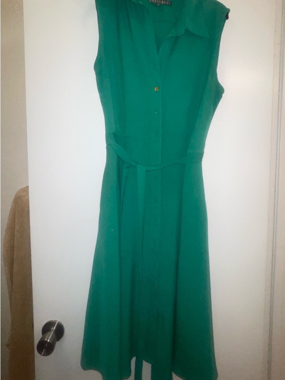 Sharagano Sleeveless Emerald Green Button-Front Midi Dress with Waist Tie